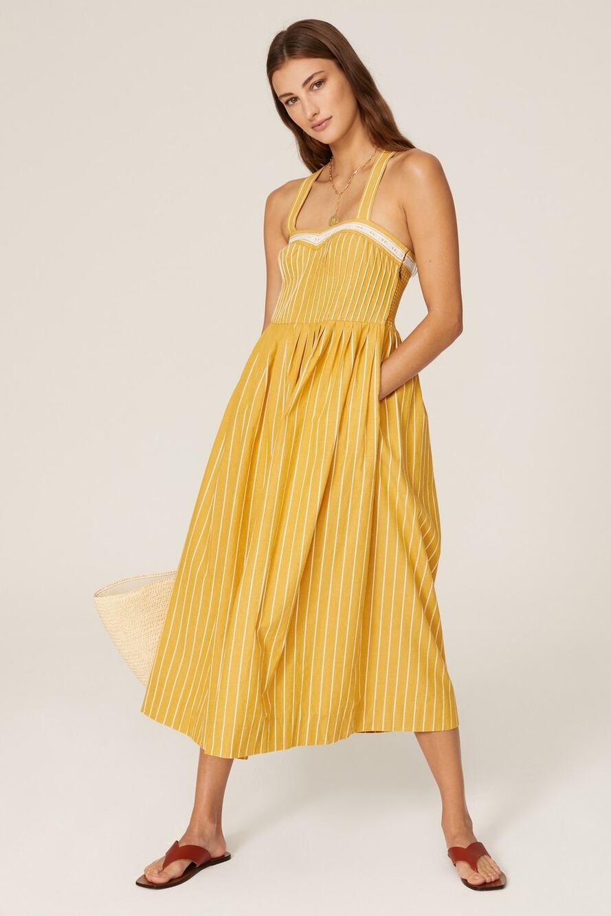 The Great Laurel Yellow Striped Sweetheart Sleeveless Midi Dress Size XS